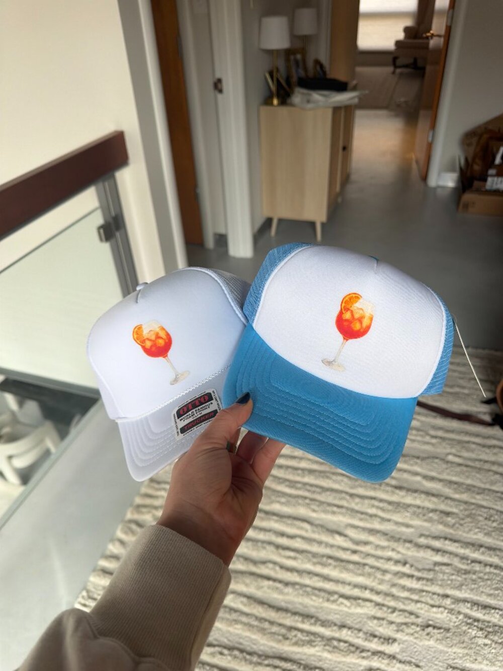 Bachelorette Aperol Spritz Trucker Hats (9 hats - 8 blue, 1 white)